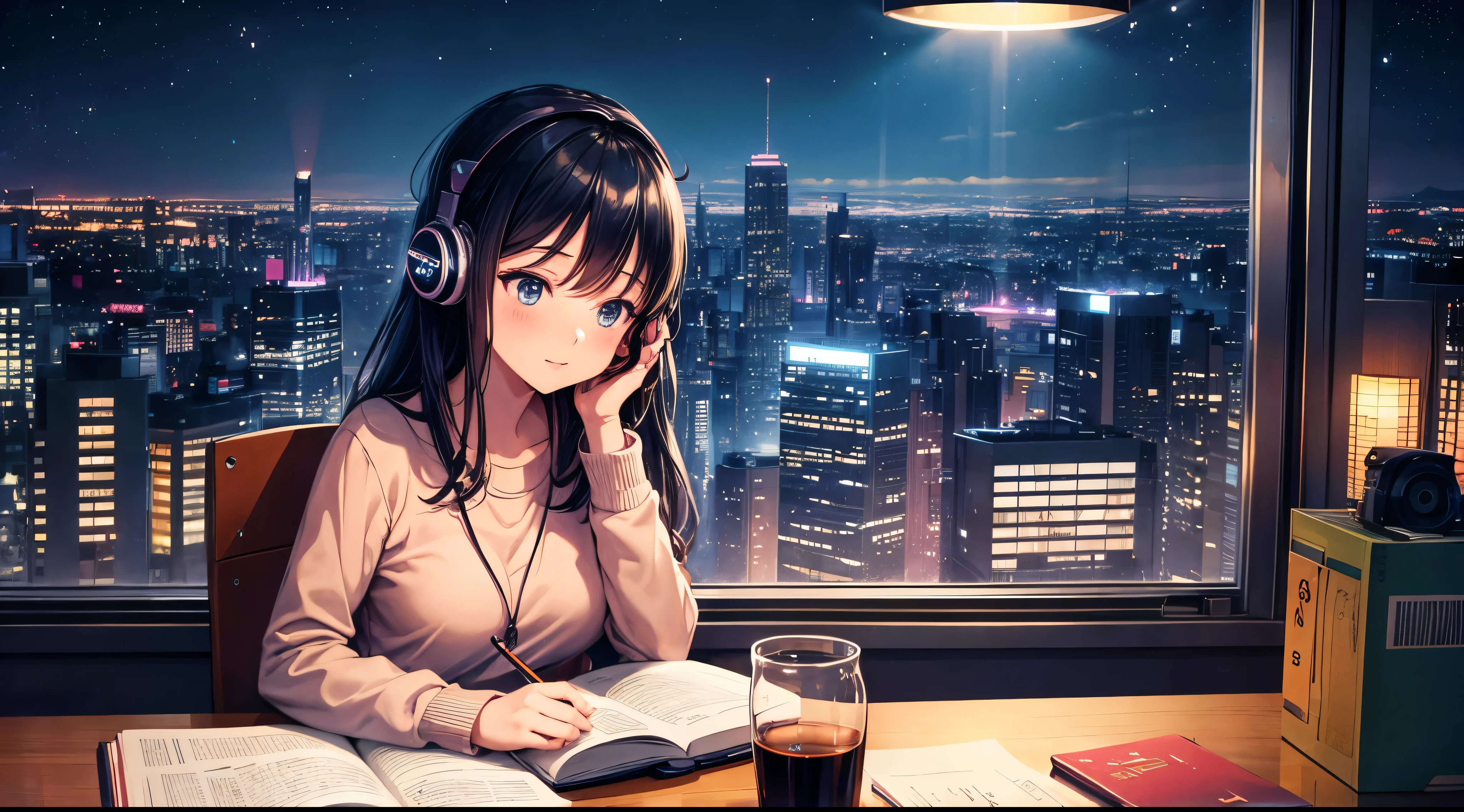 Lofi music anime illustration, Close up of, Girl studying in room, With the book, Laptop,  Night City View, Listen to music while studying, The atmosphere is nice but the room is a bit dark