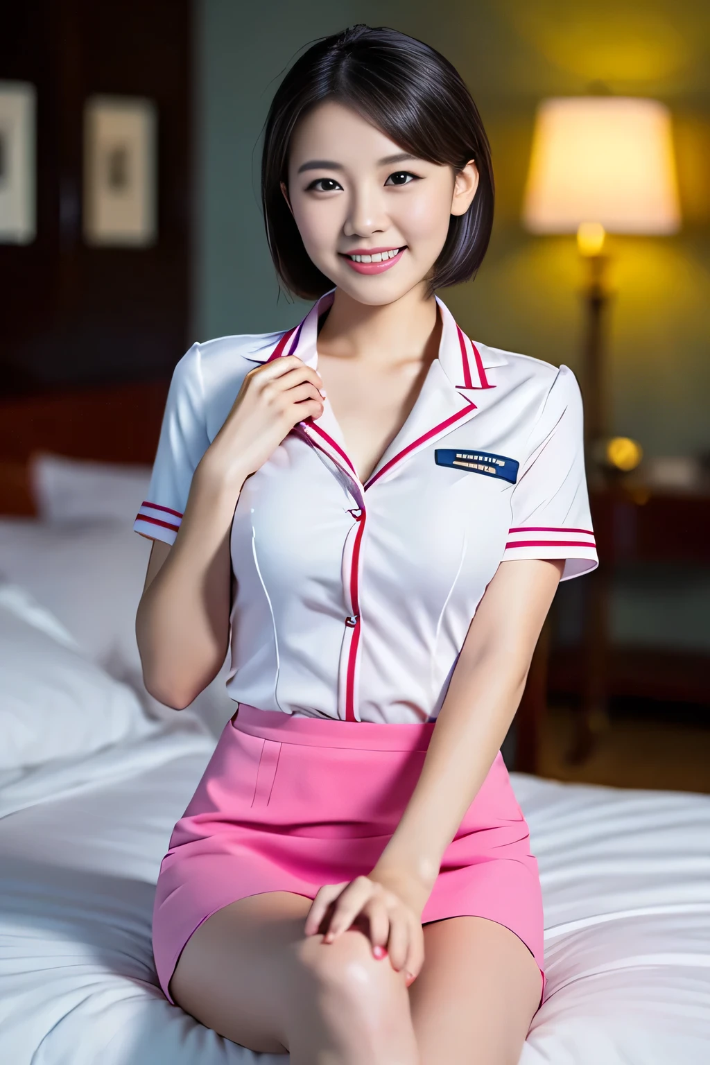 a gorgeous lady, age 21, Flight Attendant uniform, Shenzhen Airlines Stewardess, white shirt and pink mini-skirt, natural sitting pose on bed, dimpled smile, short ponytail hair, short bob hair, cute snaggleteeth, well-endowed round bosom, long flawless legs, photorealistic, beautiful detailed eyes, beautiful detailed face, hyper-realism, high contrast, ultra HD, realistic skin textures, top image quality, top-quality, super high resolution, fine details, very meticulously, head to knees, dark bokeh night background