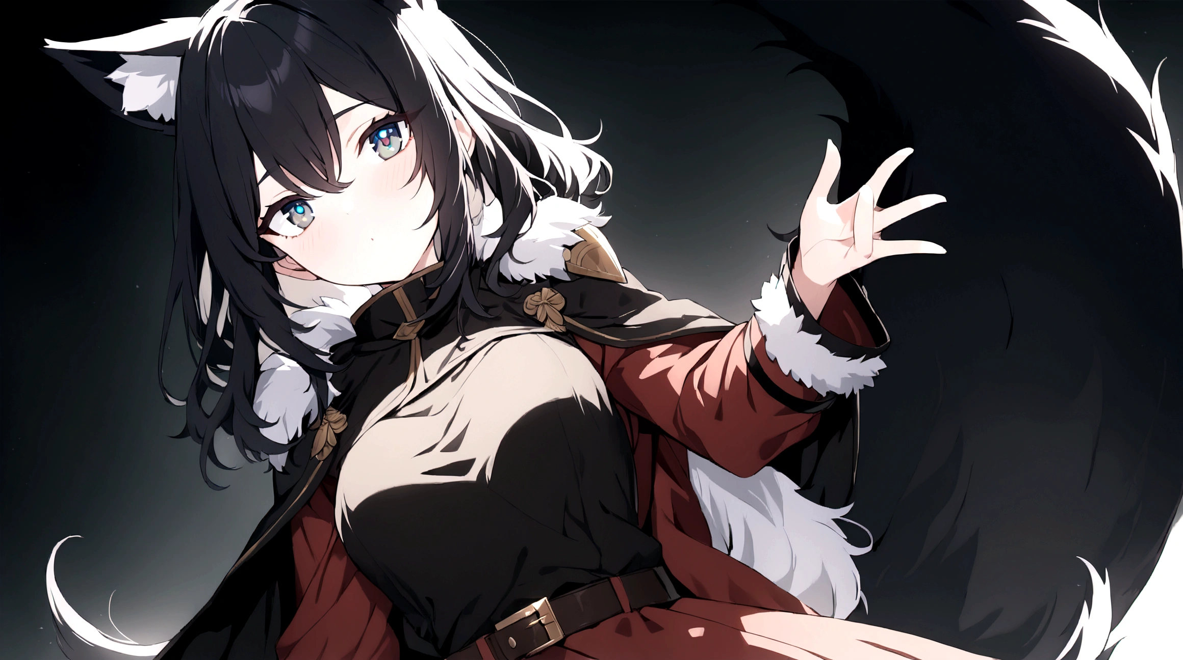 (1girl, Masterpiece, best quality) (detailed and beautiful eyes:1.6) (perfect hands, perfect ???????) A young female character with short, black hair styled in a slightly tousled manner. She has calm, focused amber eyes and distinctive fox-like ears, black with white inner fur. She also has a bushy black fox tail. She wears a black high-collar top with long, flowing sleeves, over which she dons a black cloak adorned with black accents and shoulder armor. she has belt buckle along with gold and leather straps. showcasing her strength and readiness for battle. The lighting is soft and natural, with gentle shadows enhancing the overall design.