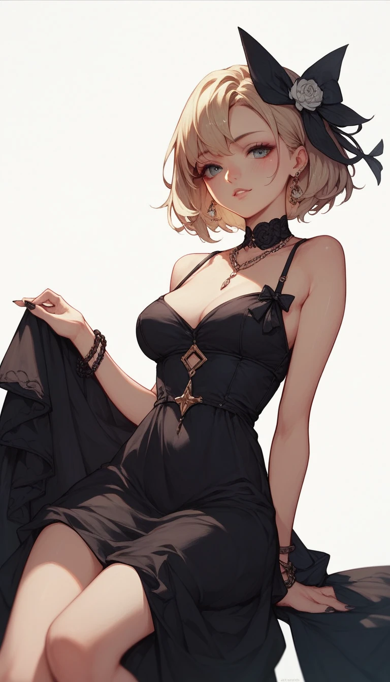 One girl, Black Dress, White Background,Japanese