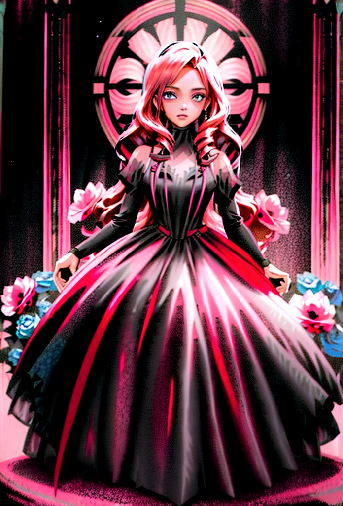 Arafed, a picture of a female angel in high society prom event, divine beautiful feminine angel, (red hair: 1.4), long hair, flowing hair, the hair glows in a soft light, cerulean eyes, deep light eyes, divine feminine face, she wears a ((pink and black evening dress: 1.5)), elegant, intricate detailed dress, silk dress, small cleavage,  ((dress is decorated with blue flowers: 1.4)),  she wears elegant knee high heeled boots, exquisite knee high heeled boots, she stands on the porch of a fantasy castle, dynamic angle, soft torch light, (Masterpiece: 1.5), 16k, highres, best quality, high details, ultra detailed, masterpiece, best quality, (extremely detailed), AngelStyle, GlowingRunesAI_paleblue, angel_wings, Angel, flower dress