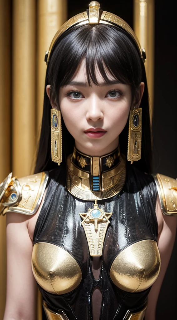 top-quality、masterpiece、超A high resolution、(Photorealsitic:1.4)、Raw photo、Battle Cyborg Goddess、large Ornaments made of metal、White porcelain body、Acrylic Clear Cover、black hair、glowy skin、1 Cyborg Girl、((super realistic details))、portlate、global illumination、Shadow、octan render、8K、ultrasharp、character edge light, Details of complex ornaments、(Ancient Egyptian:1.2), Giger Details、Hydraulic cylinder、Small LED lamp、(gold:1.3), highly intricate detail、Realistic light、radiant eyes、Facing the camera、neon details、cowboy shot、Futuristic headgear、About Cyberpunk, black themed, (headgear:1), (Full-Body-Shot:1.4), Goddess