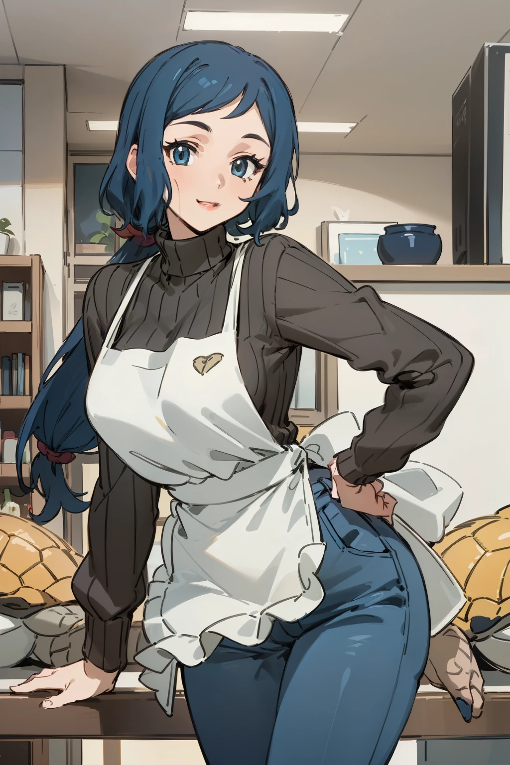 (Masterpiece), Best Quality, ultra-detailed, 1girl (rinko_iori, Slender and sexy body, big and pretty breasts, dark blue hair, long wave hair, blue eyes), smile,parted lips, facing viewer, looking at viewer, solo, yellow turtle neck sweater,  apron(black), denim pants, in the store, standing, Sexy waist teasing