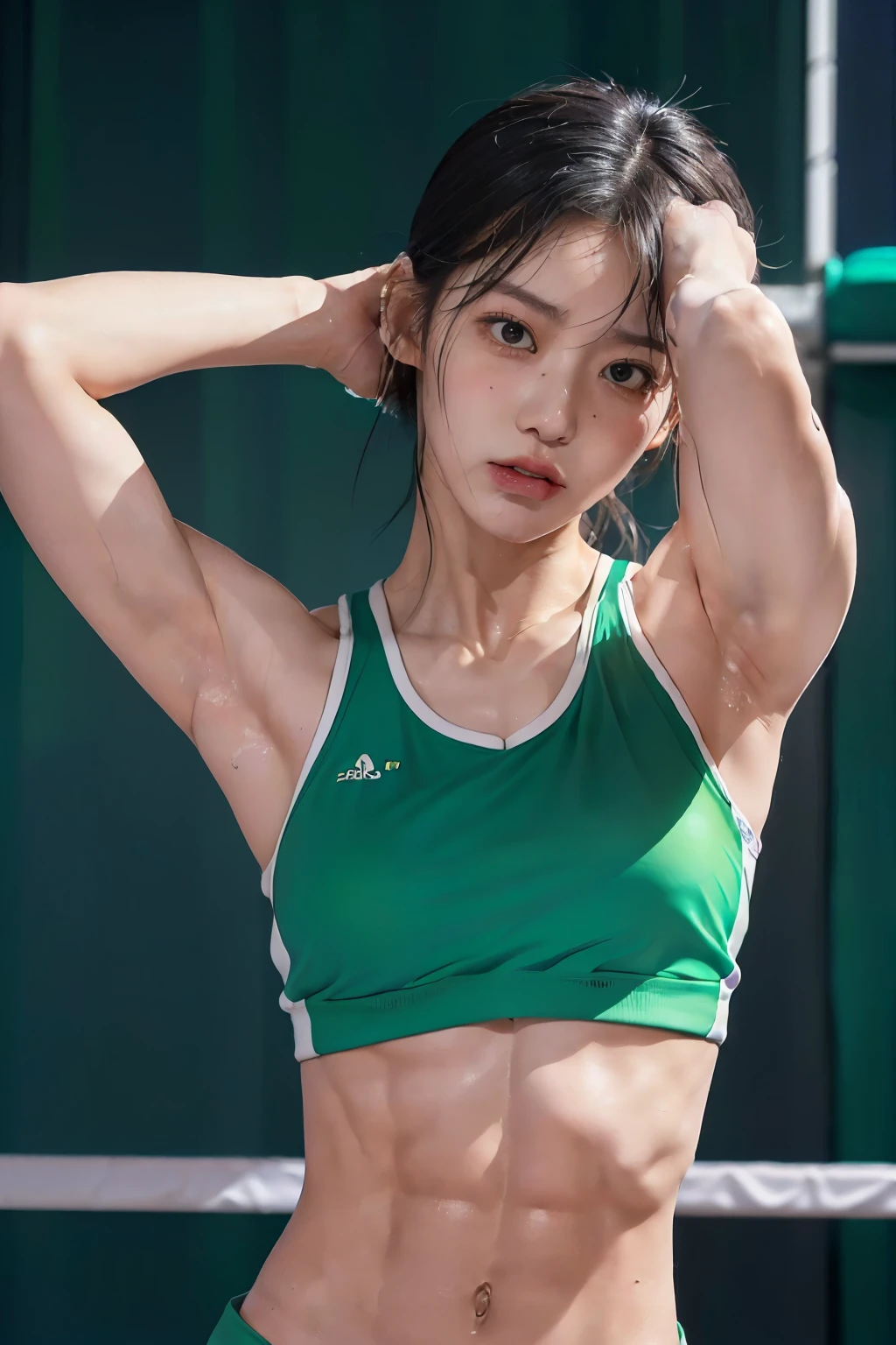 ((highest quality)), ((masterpiece)), (Realistic details,Tabletop:1.0,High resolution:1.2,Realistic:1.4,8k, RAW Photos:1.2),(A Japanese female volleyball Player with a very small bust and a face:1.2), ((Get angry:1.3,shout:1.6)),Beautiful, symmetrical single eyelids,(Glare:1.6,Stern expression:1.25),A simple and beautiful 21-year-old idol with light makeup:1.2,Thin and slightly pale eyebrows,(Detailed fair skin with sweat and shine:1.2),(Volleyball court),((Frontal upper body shot from head to bust:1.4, Put your hands on your head:1.32,i can see your armpits:1.6)),Spotlight:1.1,(((Vivid green mix color volleyball uniforms with switching line design:1.23))),((A well-trained, very Slender Model body:1.68),((Fine abdominal muscles:1.58)),(Short torso:1.3),(Broad shoulders:1.3),((Narrow waist:1.45)),(Small Ass:1.2),(Muscular limbs:1.32),(Very thin thighs:1.4),(The groin is visible:1.35),((The hip bones are visible:1.2)),((Very small and flat chest:1.75)),((The background is a bright volleyball venue.:1.3))