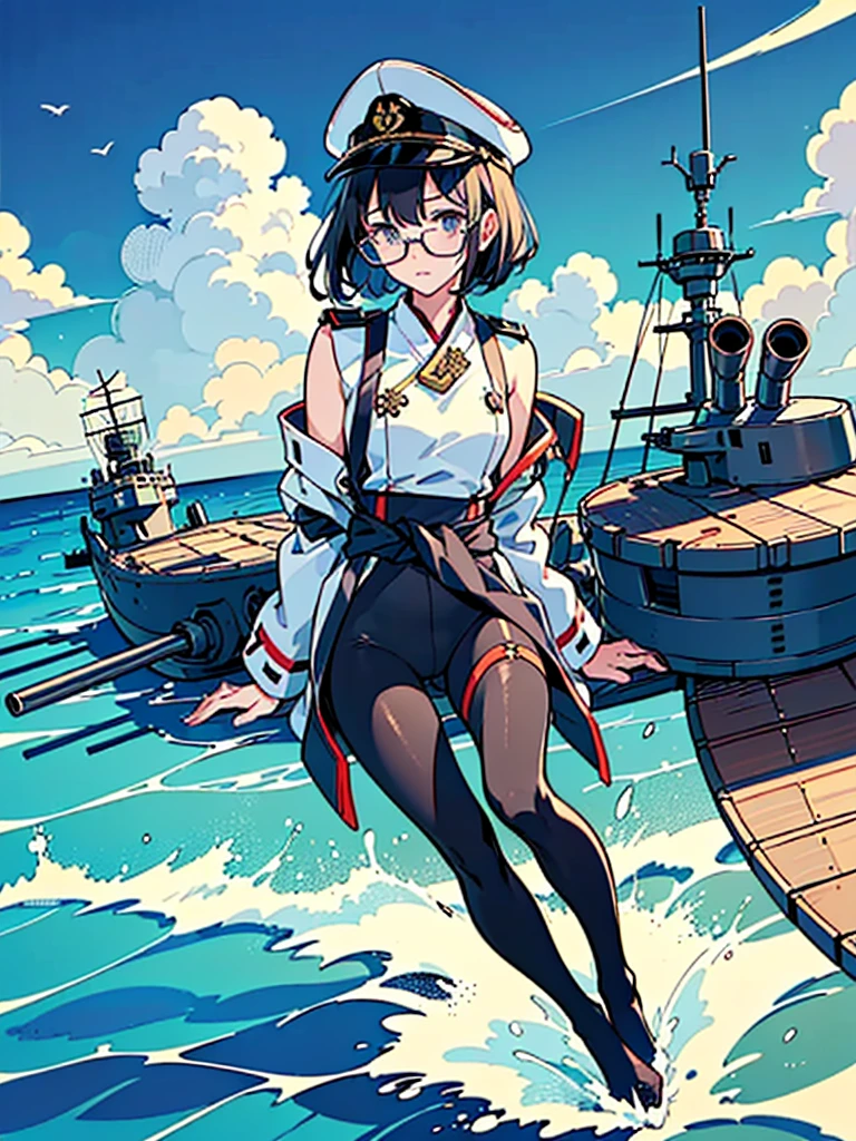 ((((Full body of a woman with perfect flat chest、Short unkempt black hair、white military jacket、Miko costume、tights、Black glasses、White military cap、Cloudy eyes、Sleepy expression)))), (((masterpiece))), (((Shipgirl))), ((Floating on the morning sea with both feet)), (Spread your legs wide open), (Hold the turret with your right hand), (Mechanical arms extending from the waist are used to equip the ship with battleship equipment.), (Equipped with a turret on the back), (Holds the turret with his left arm), Torpedo tubes strapped to thighs, Spreading the Machine's Wings, Machine tail, shotgun,