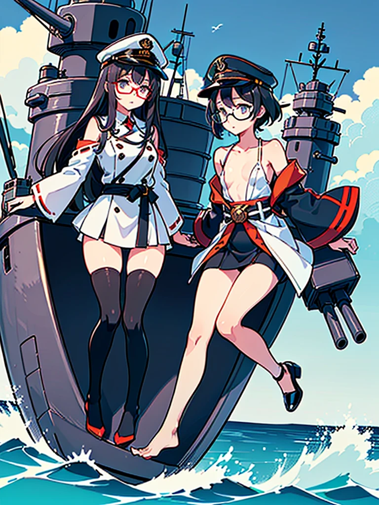 ((((Full body of a woman with perfect flat chest、Short unkempt black hair、white military jacket、Miko costume、tights、Black glasses、White military cap、Cloudy eyes、Sleepy expression)))), (((masterpiece))), (((Shipgirl))), ((Floating on the morning sea with both feet)), (Spread your legs wide open), (Hold the turret with your right hand), (Mechanical arms extending from the waist are used to equip the ship with battleship equipment.), (Equipped with a turret on the back), (Holds the turret with his left arm), Torpedo tubes strapped to thighs, Spreading the Machine&#39;s Wings, Machine tail,  shotgun, 