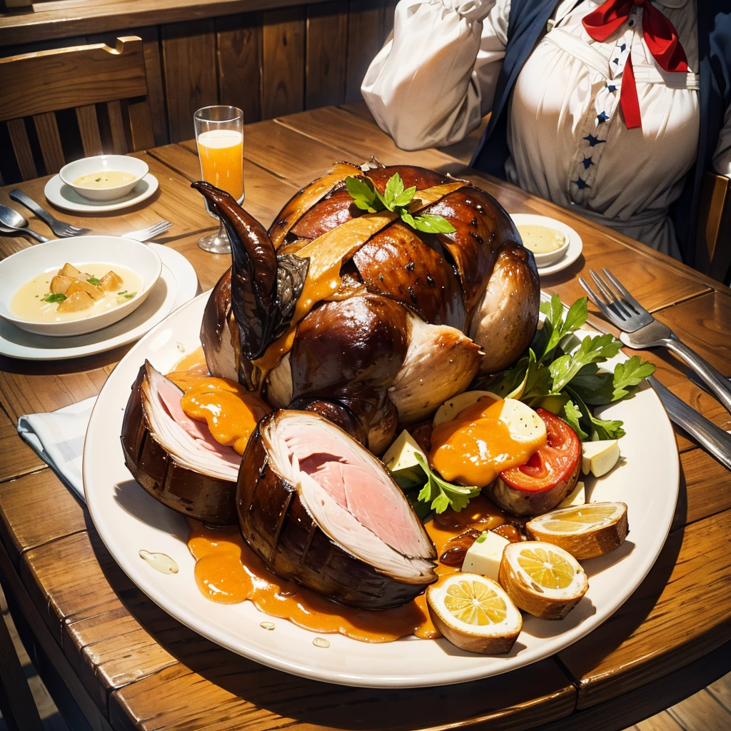 medieval meal in the table, roasted goose, bread and milk wity medieval vibes