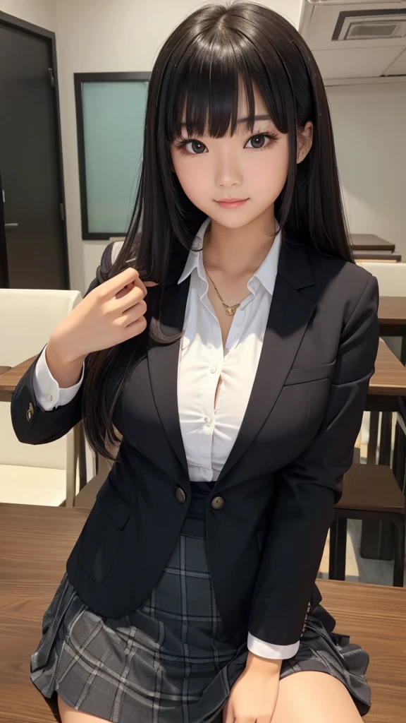 ((high quality)), ((Tabletop)), (Detailed face), (highlight), Asian Girl、Big breasts、thigh、Black Hair、Heavy bangs、high school girl、skirt、blazer、