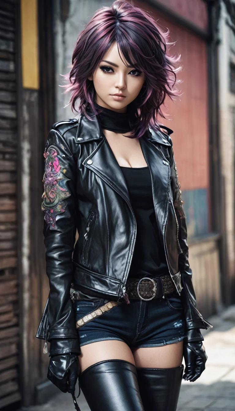 Very detailed photograph full-body-shot of an adult woman, leather jacket , thigh boots, extremely detailed face, (very detailed hair), slimes, JRPG, high contrast, flat colors, cel shaded, cut out for t shirt