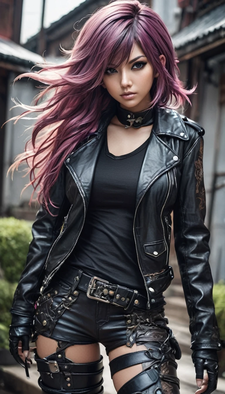 Very detailed photograph full-body-shot of an adult woman, leather jacket , thigh boots, extremely detailed face, (very detailed hair), slimes, JRPG, high contrast, flat colors, cel shaded, cut out for t shirt