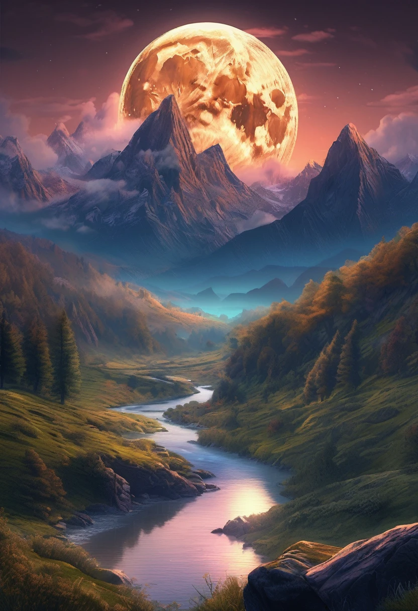 mountains with a river in the foreground and a full moon in the sky, 4k highly detailed digital art, 8k stunning artwork, 4k detailed digital art, beautiful art uhd 4 k, epic dreamlike fantasy landscape, impressive fantasy landscape, 8k high quality detailed art, digital art 8k, digital art 8 k, mystical fantasy landscape, amazing mobile wallpaper