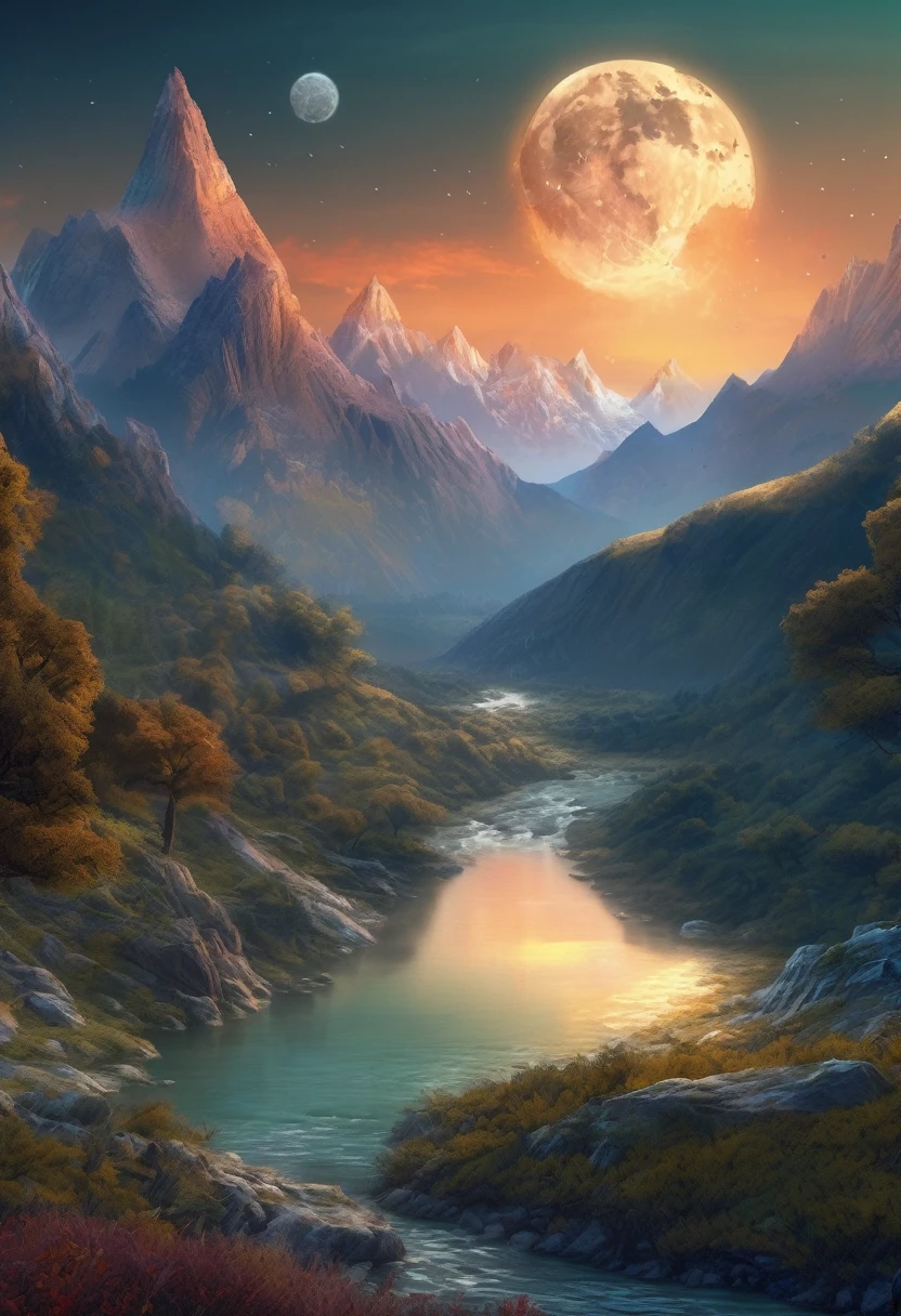 mountains with a river in the foreground and a full moon in the sky, 4k highly detailed digital art, 8k stunning artwork, 4k detailed digital art, beautiful art uhd 4 k, epic dreamlike fantasy landscape, impressive fantasy landscape, 8k high quality detailed art, digital art 8k, digital art 8 k, mystical fantasy landscape, amazing mobile wallpaper