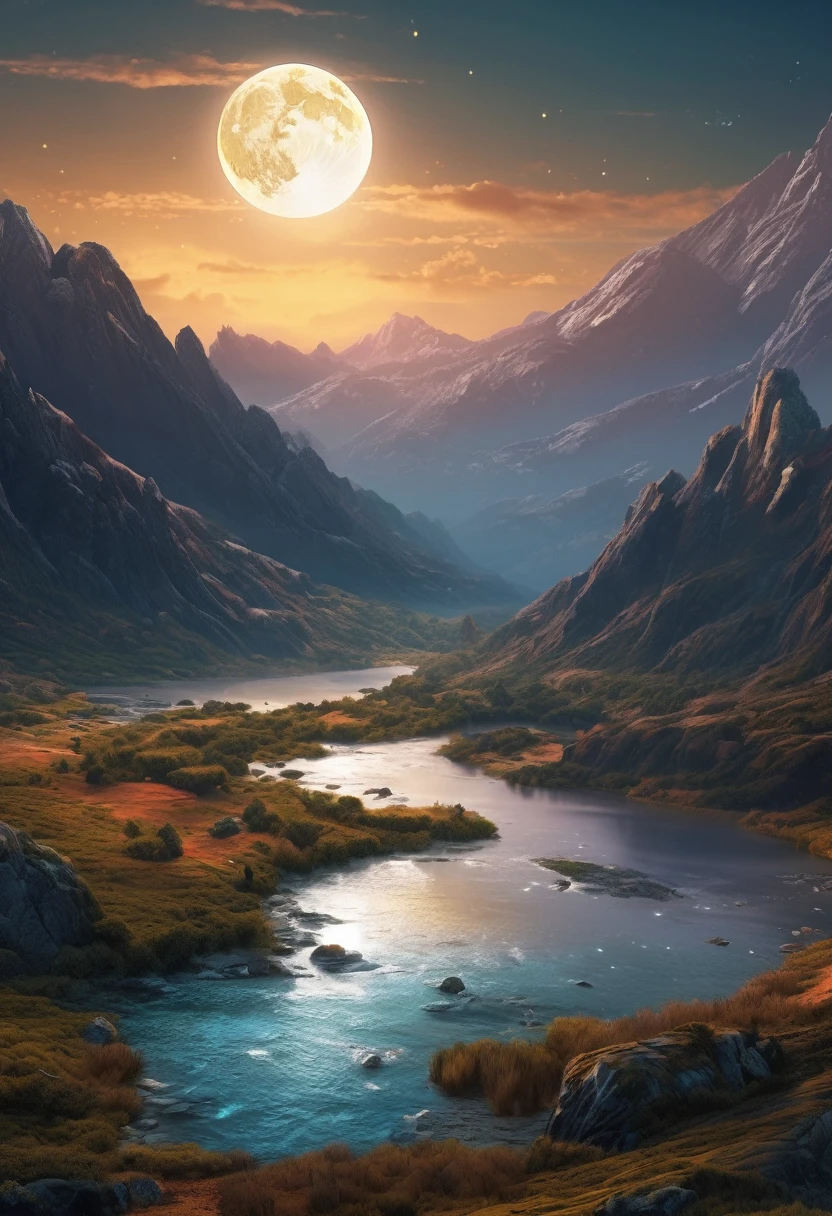 mountains with a river in the foreground and a full moon in the sky, 4k highly detailed digital art, 8k stunning artwork, 4k detailed digital art, beautiful art uhd 4 k, epic dreamlike fantasy landscape, impressive fantasy landscape, 8k high quality detailed art, digital art 8k, digital art 8 k, mystical fantasy landscape, amazing mobile wallpaper