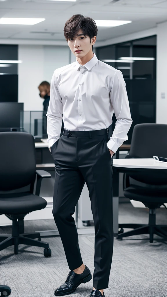 A Korean man with short hair and handsome face features wearing long sleeved shirt, pants, and shoes standing in an office with masculine pose and fierce expression, facing straight to the camera, muscular build, detailed face, detailed clothes, detailed background