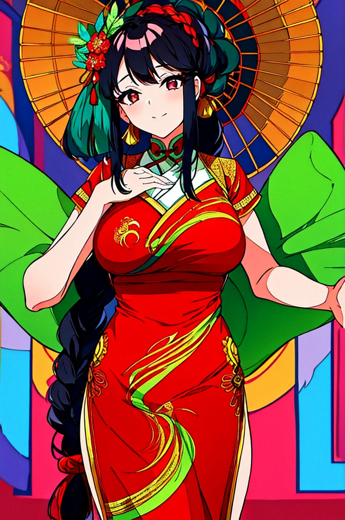 The appearance of the Earth Fairy is unforgettable，She has long black hair，Two cute braids，A red ribbon tied to the braid，Lively and traditional。Her eyes are big and bright，Like a shining black gem，A clever character is revealed。Fair and delicate skin，As if emitting light。 She is wearing traditional costumes of Dixi Opera.，Bright colors，Embroidered with exquisite patterns，Showing the beauty of traditional Chinese culture。The costumes are also inlaid with sequins and beads.，Makes the whole image more dazzling。Petite and delicate，Light and flexible movements，Gives a feeling of spirituality。
