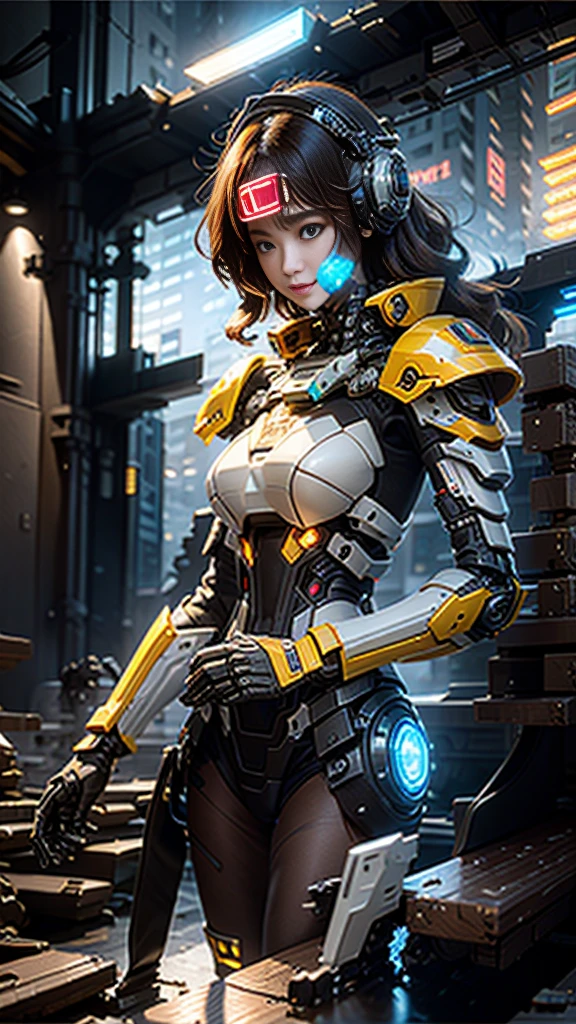 ((Best Quality)), ((Masterpiece)), (Very Detailed:1.3), 3D, Shitu-mecha, Beautiful cyberpunk woman with her mech in the ruins of a city in the forgotten war, heavy makeup, ancient techniques, exquisite makeup, flaming red lips, HDR (High Dynamic Range), ray tracing, NVIDIA RTX, super resolution, unreal 5, subsurface scattering, PBR texture, post-processing, anisotropic filtering, depth of field, maximum sharpness and sharpness, multi-layered texture, Albedo and specular mapping, surface shading, accurate simulation of light-material interactions, perfect proportions, octane rendering, duotone lighting, low ISO, white balance, rule of thirds, wide aperture, 8K RAW, efficient sub-pixels, subpixel convolution, luminous particles, light scattering, Tyndall effect, collarbone, bare shoulders, combat stance, hands clenched into fists