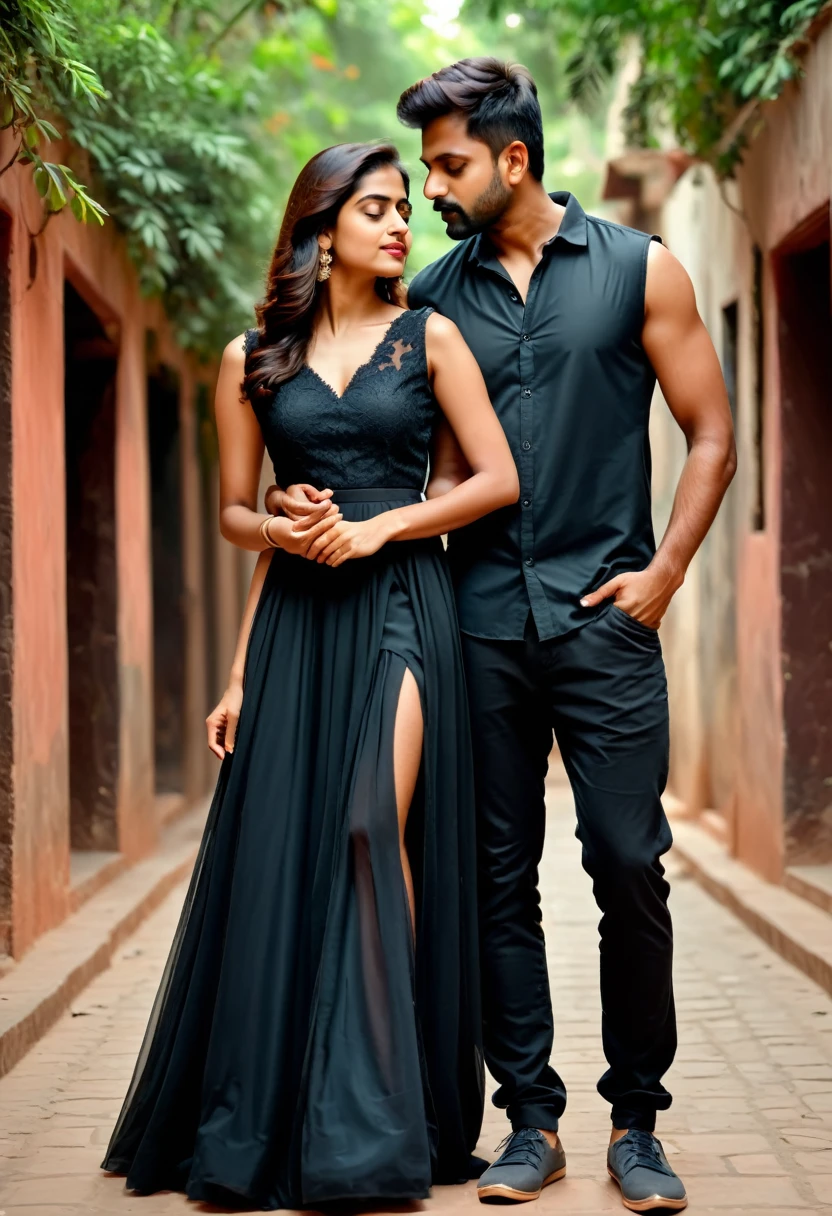 indian boyfriend girlfriend in a romantic pose, girlfriend is wearing a sleeveless gown, boyfriend wearing black shirt, romantic ambience, cinematic, 8k resolution