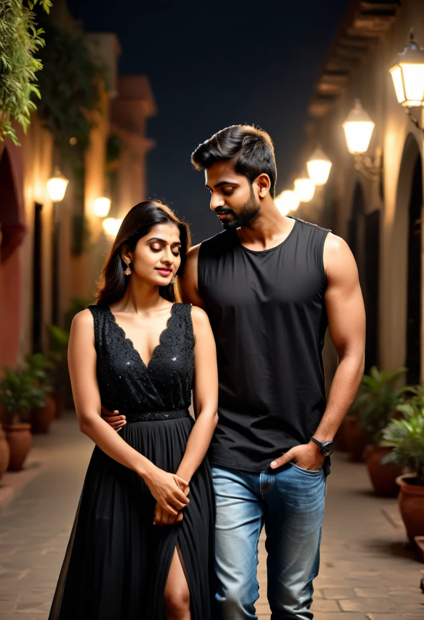 indian boyfriend girlfriend in a romantic pose, girlfriend is wearing a sleeveless gown, boyfriend wearing black shirt, romantic ambience, cinematic, 8k resolution