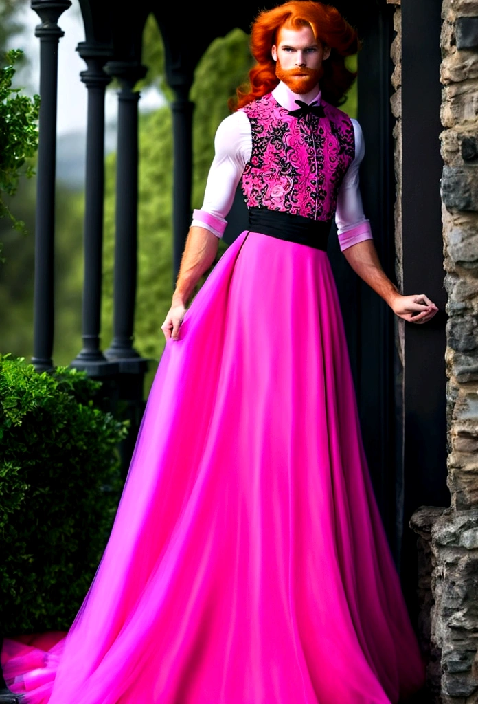 Arafed, a picture of a ((man: 1.5))  in high society prom event, divine beautiful muscled male, (red hair: 1.4), long hair, flowing hair, the hair glows in a soft light, cerulean eyes, deep light eyes, divine masculine face, some beard, he wears a ((pink and black evening dress: 1.5)), elegant, intricate detailed dress, silk dress, small cleavage,  dress is decorated with flowers,  he wears elegant knee high heeled boots, exquisite knee high heeled boots, he stands on the porch of a fantasy castle, dynamic angle, soft torch light, (Masterpiece: 1.5), 16k, highres, best quality, high details, ultra detailed, masterpiece, best quality, (extremely detailed), AngelStyle, GlowingRunesAI_paleblue, angel_wings, Angel, flower dress