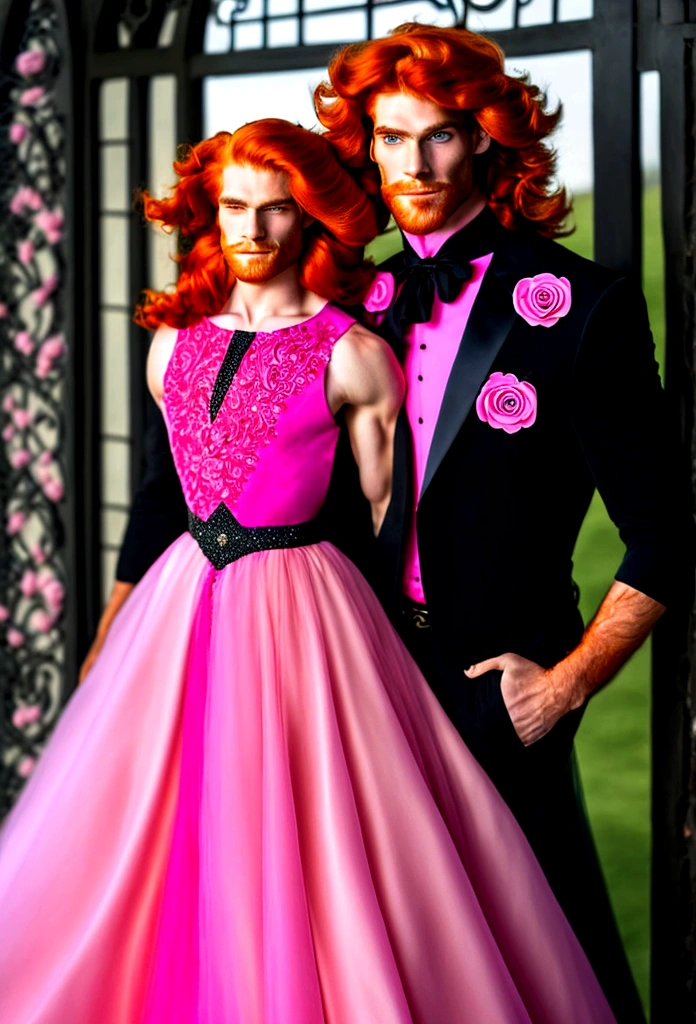Arafed, a picture of a ((man: 1.5)) in high society prom event, divine beautiful muscled male, (red hair: 1.4), long hair, flowing hair, the hair glows in a soft light, cerulean eyes, deep light eyes, divine masculine face, some beard, he wears a ((pink and black evening dress: 1.5)), elegant, intricate detailed dress, silk dress, small cleavage, dress is decorated with flowers, he wears elegant knee high heeled boots, exquisite knee high heeled boots, he stands on the porch of a fantasy castle, dynamic angle, soft torch light, (Masterpiece: 1.5), 16k, highres, best quality, high details, ultra detailed, masterpiece, best quality, (extremely detailed), AngelStyle, GlowingRunesAI_paleblue, angel_wings, Angel, flower dress