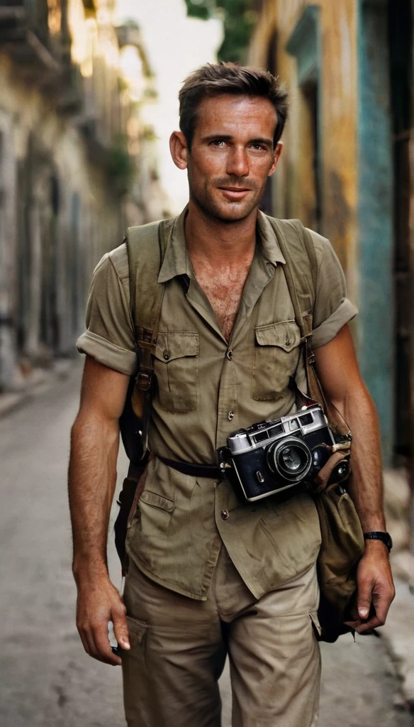 A white male, a war photographer, in a safari clothes, with a camera with a strap hanged on her neck, and a brown army look backpack, walking on the streets of Cuba, with old vintage bhildings,1970, high contrast of light and shadow, outdoor lighting, shallow depth of field, cinematic lighting, movie still, film grain, vintage, realistic