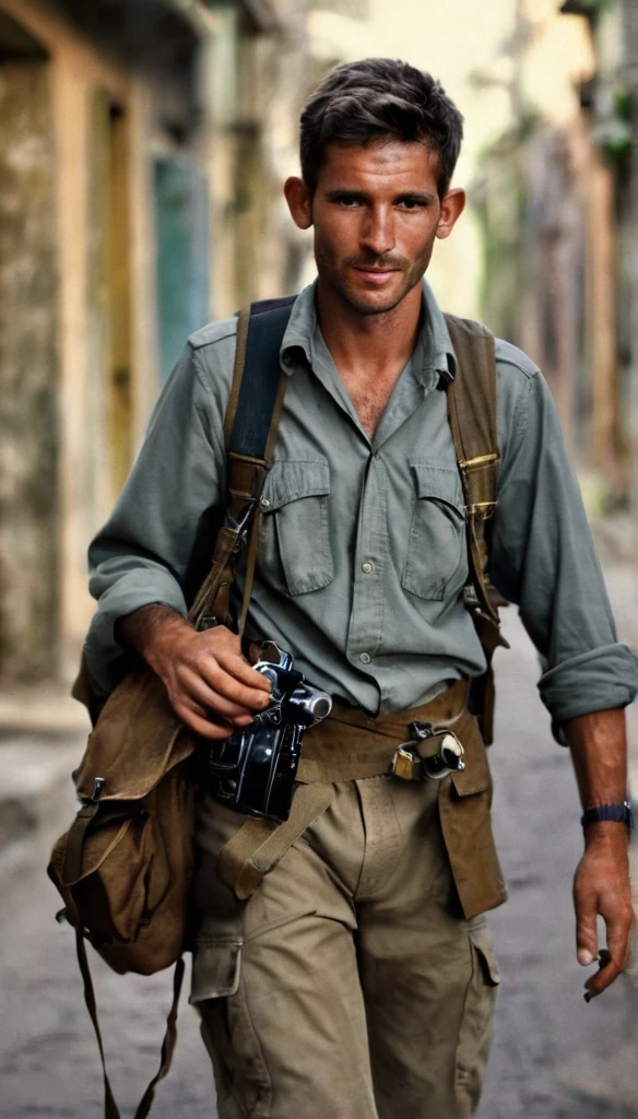 A white male, a war photographer, in a safari clothes, with a camera with a strap hanged on her neck, and a brown army look backpack, walking on the streets of Cuba, with old vintage bhildings,1970, high contrast of light and shadow, outdoor lighting, shallow depth of field, cinematic lighting, movie still, film grain, vintage, realistic