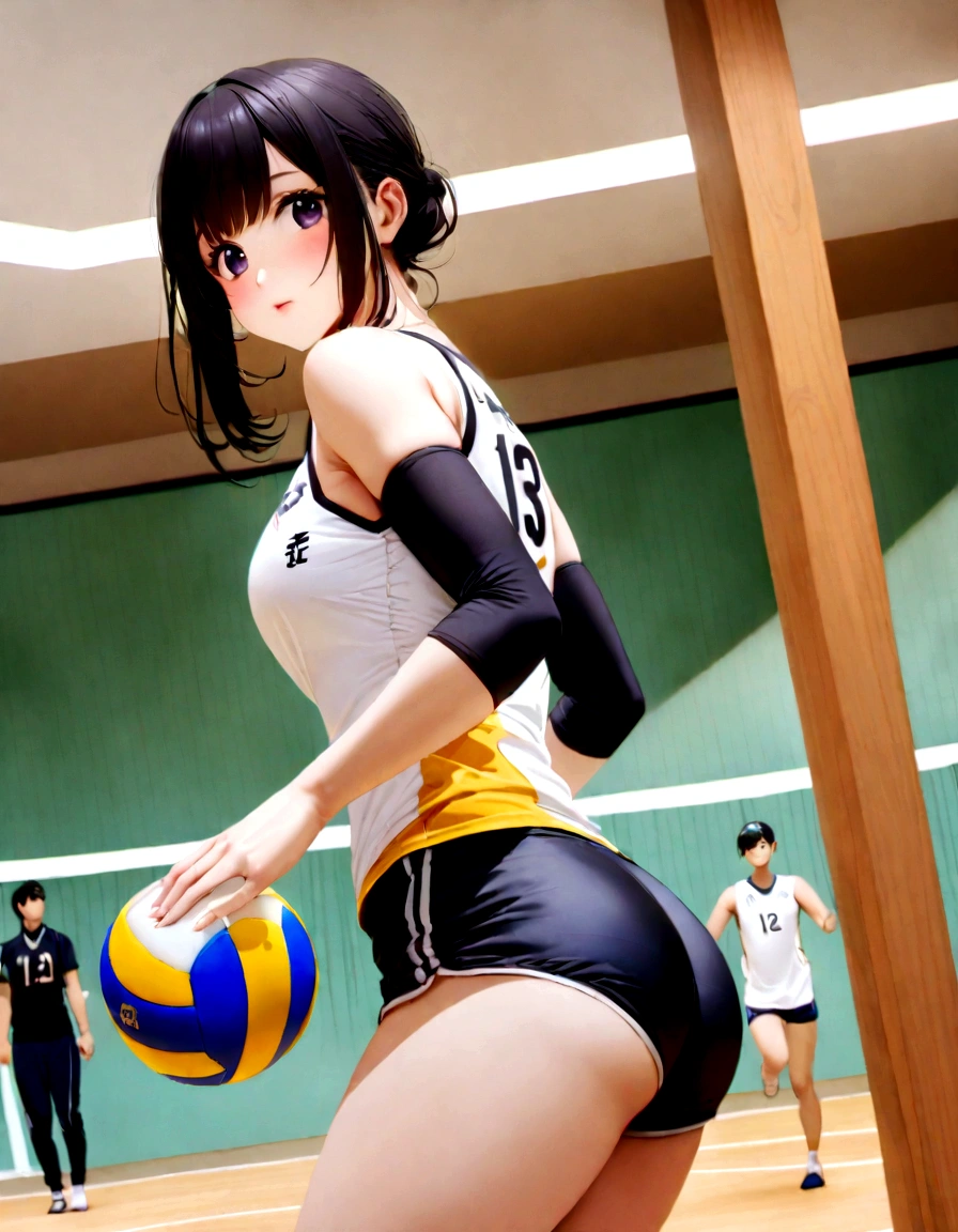 there is a woman in a black and white top and a volleyball ball, wearing a volleyball jersey, volleyball, Physically sporty, Sports bra and shorts, Sports bra and dark blue shorts, Buckshot, Service Organizations, lower angle, Tight black tank top and shorts, Japanese Model, Wearing a leotard, 白いWearing a leotard, West Shot, mayuri shiina