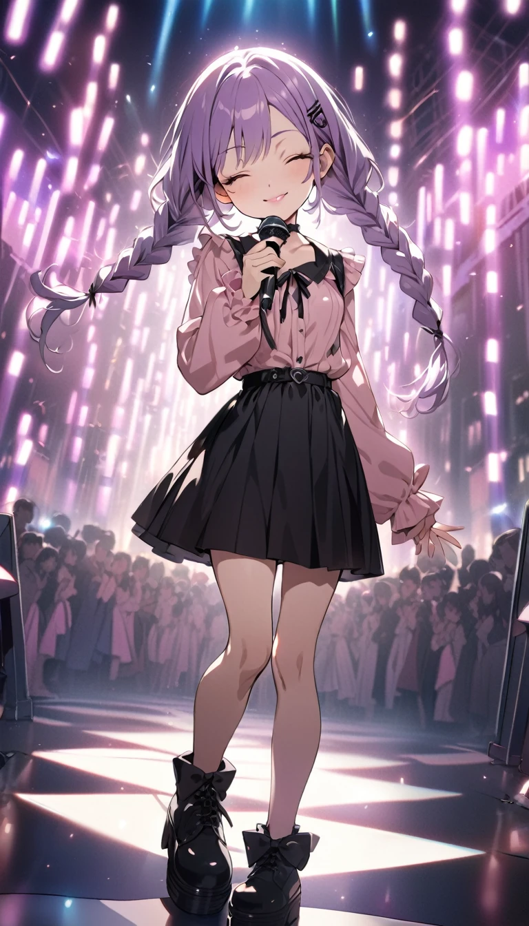 (Cute a girl:1.5), ((a girl with closs hair pin,pale purple hair,wavy two braids,bluntbangs hair,green and black eyes,
pink shirt,cosplay, jirai kei, bangs, black skirt, black bow, looking at viewer, bow, long sleeves, choker, ribbon,pink lips,Thick-soled boots,fullbody shot :1.4),boots focus,
(masterpiece:1.3), anime visual, small breast,slim,The girl holds the microphone in both hands and has her eyes closed :1.4),(masterpiece:1.3), anime visual, (Lovey-dovey:1.5), (tilt head:1.3), extremely delicate face, soft clean focus, realistic lighting and shading, (an extremely delicate and beautiful art:1.3), elegant, (muted colors:1.1), small breast,slim,smiling,The dazzling lights of the concert venue, the countless purple glow sticks,