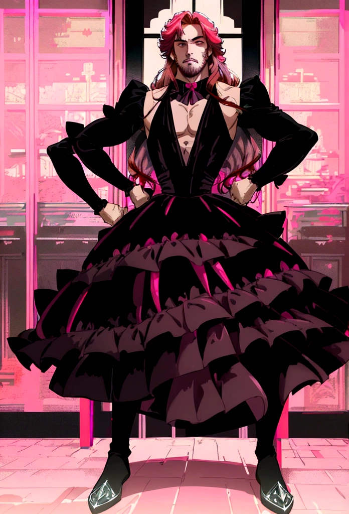 Arafed, a picture of a ((man: 1.5)) in high society prom event, divine beautiful muscled male, (red hair: 1.4), long hair, flowing hair, the hair glows in a soft light, cerulean eyes, deep light eyes, divine masculine face, some beard, he wears a ((pink and black evening dress: 1.5)), elegant, intricate detailed dress, silk dress, small cleavage, dress is decorated with flowers, he wears elegant knee high heeled boots, exquisite knee high heeled boots, he stands on the porch of a fantasy castle, dynamic angle, soft torch light, (Masterpiece: 1.5), 16k, highres, best quality, high details, ultra detailed, masterpiece, best quality, (extremely detailed), AngelStyle, GlowingRunesAI_paleblue, angel_wings, Angel, flower dress