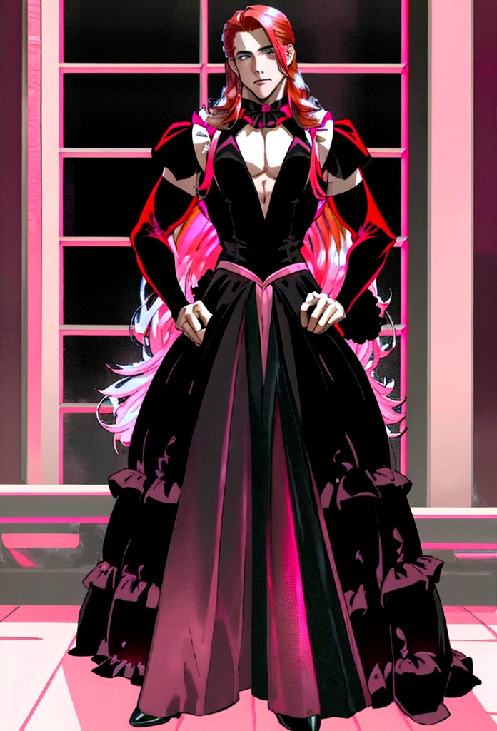 Arafed, a picture of a ((man: 1.5))  in high society prom event, divine beautiful muscled male, (red hair: 1.4), long hair, flowing hair, the hair glows in a soft light, cerulean eyes, deep light eyes, divine masculine face, some beard, he wears a ((pink and black evening dress: 1.5)), elegant, intricate detailed dress, silk dress, small cleavage,  dress is decorated with flowers,  he wears elegant knee high heeled boots, exquisite knee high heeled boots, he stands on the porch of a fantasy castle, dynamic angle, soft torch light, (Masterpiece: 1.5), 16k, highres, best quality, high details, ultra detailed, masterpiece, best quality, (extremely detailed), AngelStyle, GlowingRunesAI_paleblue, angel_wings, Angel, flower dress