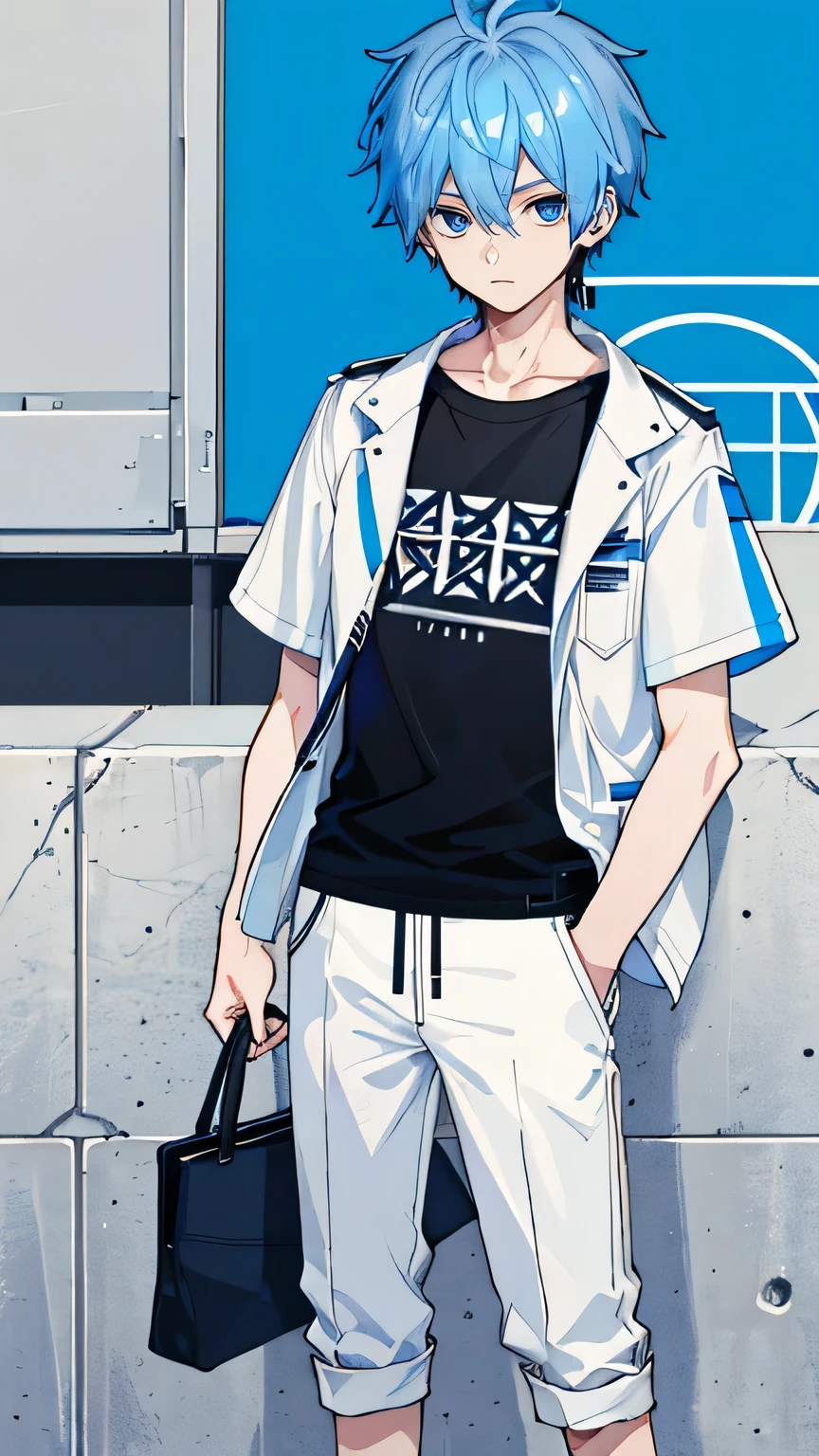 1 boy, blue hair, blue eyes, whole body, wear headset, wear a bag, black short sleeve tee, white outerwear with hat, University Background