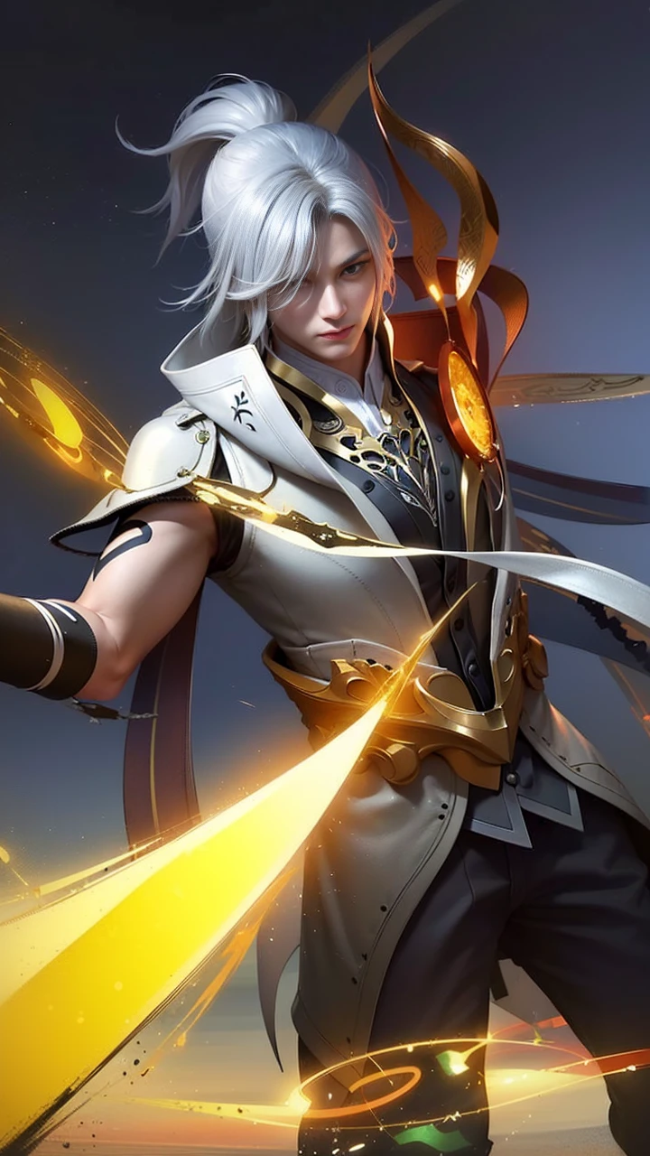 masculine male, masterpiece, ((perfect eyes)) best quality, (semirealism:1.9), beautiful lighting, (extremely detailed CG unity 4k fhd wallpaper), High Detail, Sharp focus, dramatic outdoors, 1 boy ,19 years old, white hair, light purpel eyes, smile.