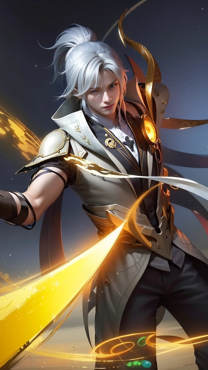 masculine male, masterpiece, ((perfect eyes)) best quality, (semirealism:1.9), beautiful lighting, (extremely detailed CG unity 4k fhd wallpaper), High Detail, Sharp focus, dramatic outdoors, 1 boy ,19 years old, white hair, light purpel eyes, smile.