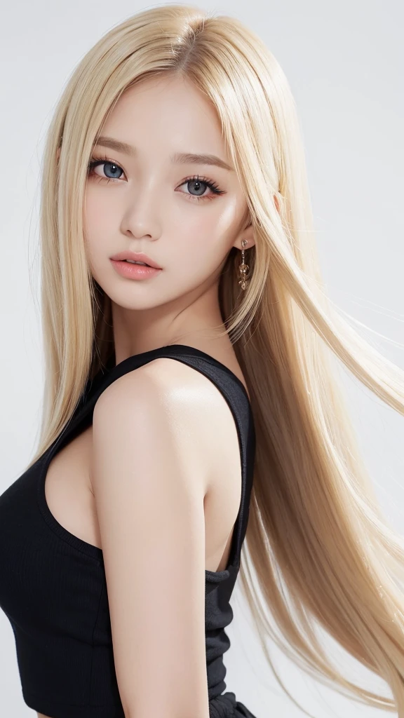 (((forehead、White background、Blonde、Russia、Northern Europe、Upper body close-up)))、y big boo year old beautiful girl is sexy andte & Cute beautiful sexy face, trong wind blows my hair in front of my face,Beautiful super long metallic blonde straight hair、Beautiful, cute and sexy eyes hiddbehind long bangs、Sexy off-the-shour、Black ultra short mini skirt、