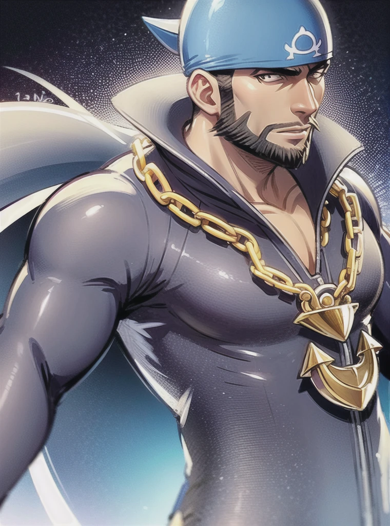 beard, male focus, wetsuit, bandana, 1boy, facial hair, dark skin, pectorals, dark-skinned male, blue bandana, angry, chain necklace, jewelry, necklace, anchor necklace, bara, bodysuit, muscular, muscular male, pokemon (creature), short hair, blue bodysuit, pectoral cleavage, covered abs, mature male, black eyes, looking at viewer, chain, anchor, large pectorals, watercraft, solo , underwater, teeth, skin tight, black hair, multicolored bodysuit,  nicebulge , laying , legs up