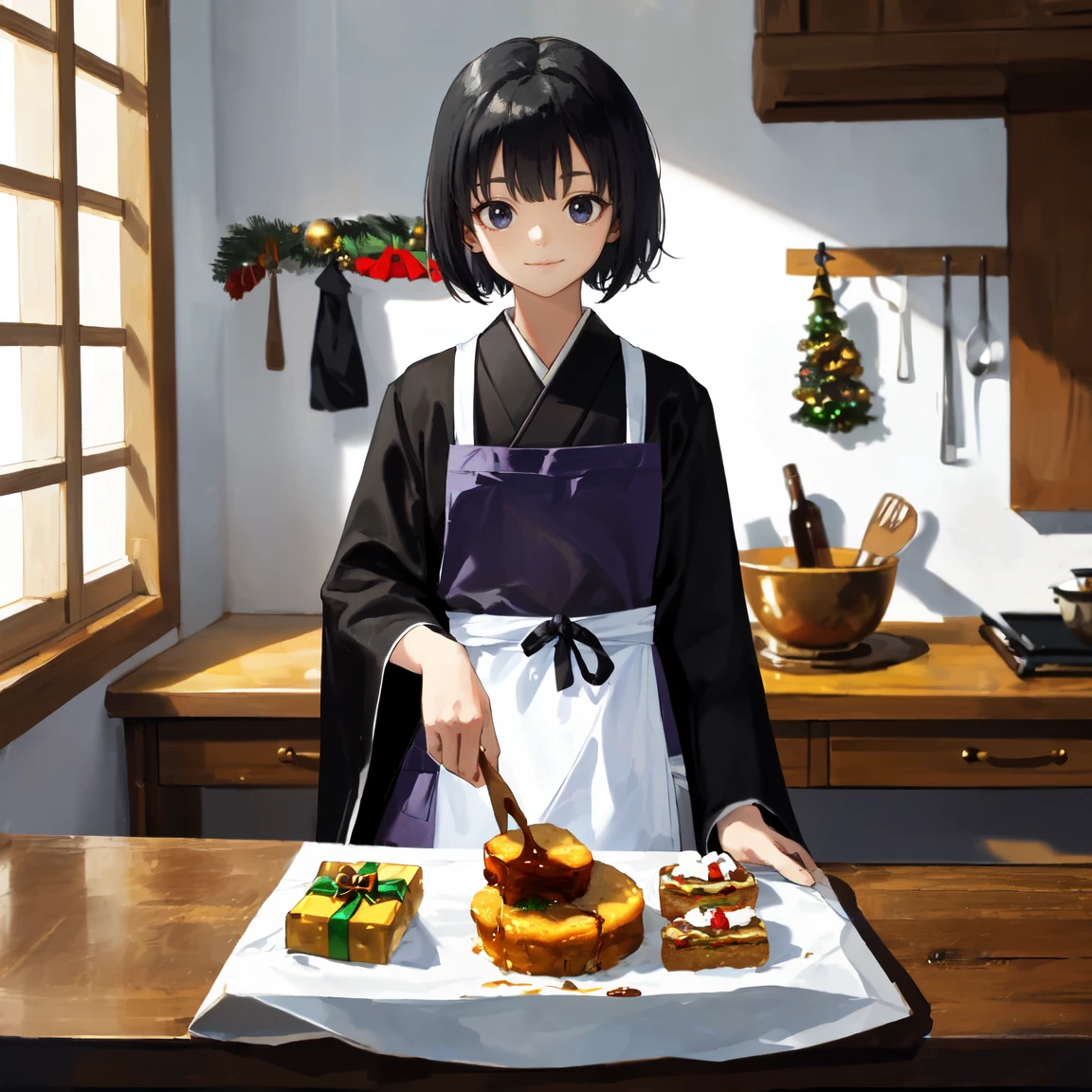 (masterpiece,absurdres), (best quality, high quality:1.4), perfect design,(1girlsolo,, black hair, short hair, black eyes, light smile, closed mouth, Japanese monk's black robe, buddhist black robe, long robe, white coverall apron, White cooking apron, white Kappogi, white apron, slender girl:1.3), (upper body,looking at food,cooking Lots of Christmas foods in the kitchen,Lots of Christmas foods on the table, turkey, Medieval European coffee shop kitchen)