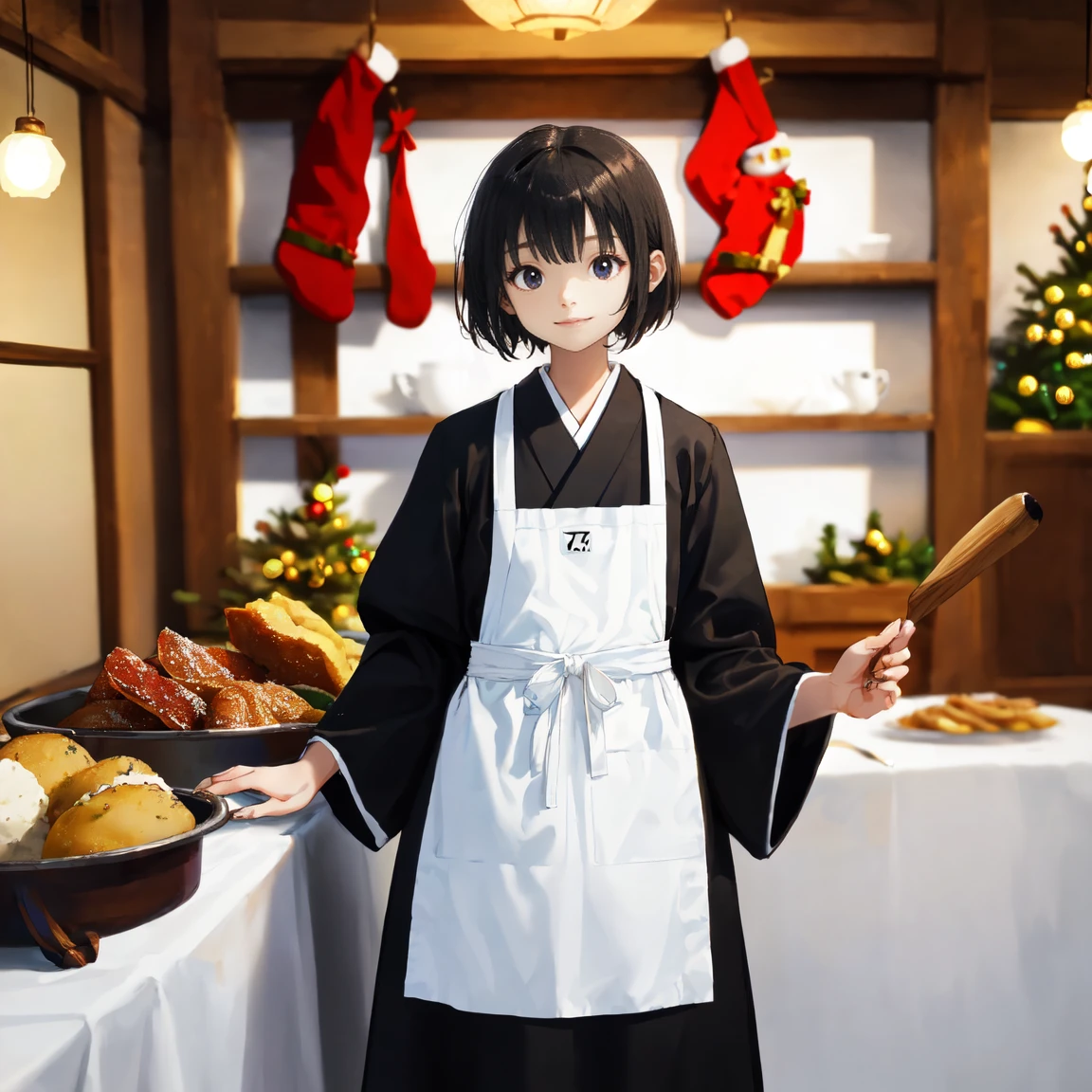 (masterpiece,absurdres), (best quality, high quality:1.4), perfect design,(1girlsolo,, black hair, short hair, black eyes, light smile, closed mouth, Japanese monk's black robe, buddhist black robe, long robe, white coverall apron, White cooking apron, white Kappogi, white apron, slender girl:1.3), (upper body,looking at food,cooking Lots of Christmas foods in the kitchen,Lots of Christmas foods on the table, turkey, Medieval European coffee shop kitchen)