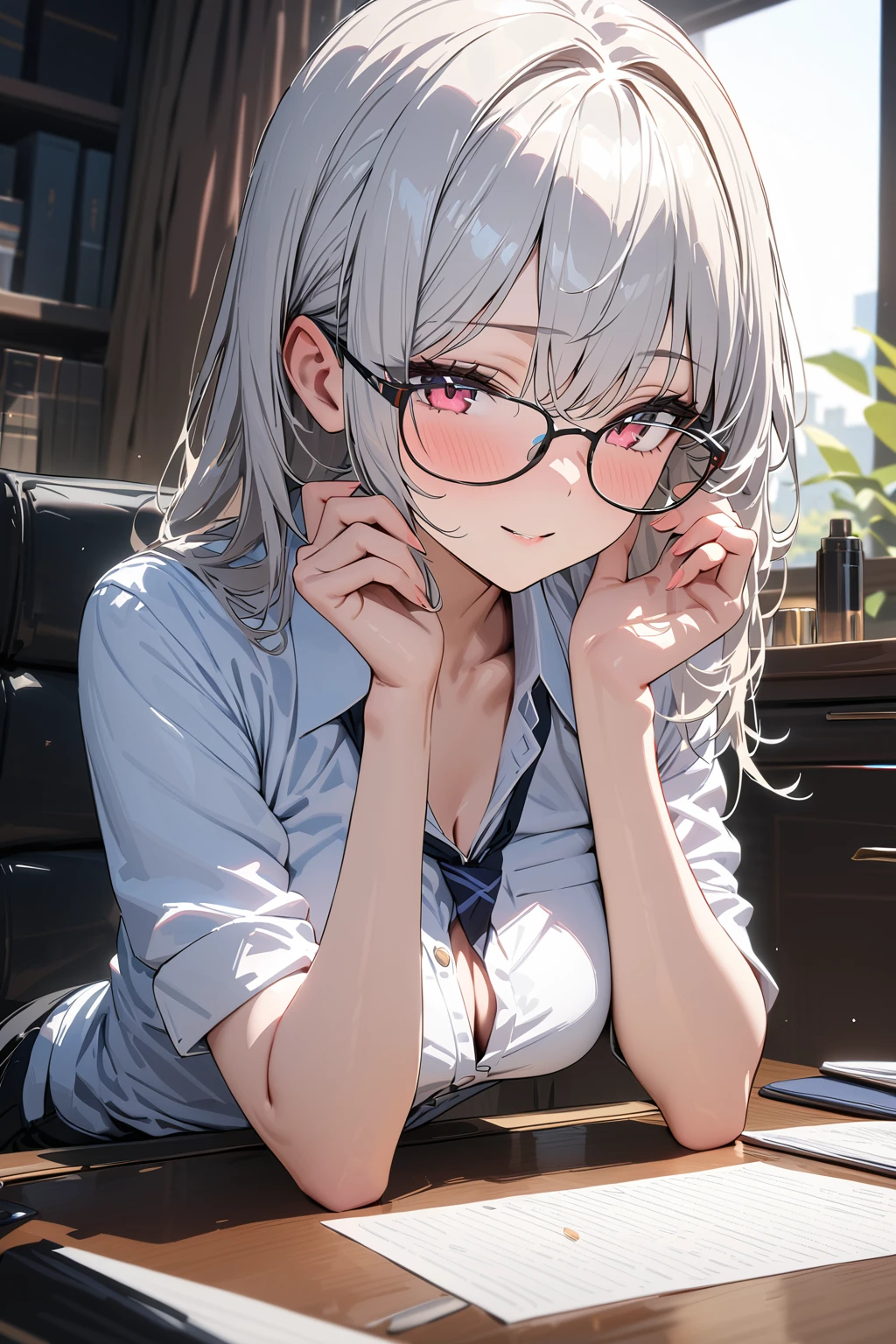 (masterpiece, best quality:1.5), (ultra detailed, high resolution, 8k, beautiful detailed, UHD, best anatomy), 1 girlfriend, white hair, medium breasts, Take off glasses, (private) secretary
