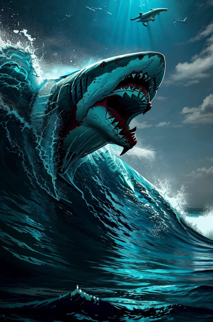 surfers are riding a wave with a shark in the background, digital art, trending on Artstation, digital art, megalodon, scary sea monster, beautiful and terrifying, , jaws, very realistic, shark, mouth open in a terrifying roar, still from the movie sharknado, concept art for movies
