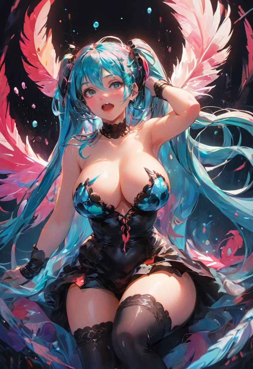 (Highest quality, 16k, High resolution, masterpiece:1.2), Very detailed, (Realistic, photoRealistic, photo-Realistic:1.37), expressive aesthetics, 1960s counterculture, Brightly colored humanoid, Psychedelic Art, Erotic art style, Sharp details, abstract pattern, , , , , , , love juice background, Fractal Art, Multicolored neon lights, A unique and trippy perspective, landscape, Hallucinations, a mind-changing experience, Motion Blur, Fluid movement, Synthesizer Sounds, Realistic fur rendering, Rich and vibrant color palette, , Mysterious glow, high contrast lighting, , ,, Both eyes are the same size, One Girl, alone, huge breasts, , , , Wet, shiny skin, , , , , , , , Red cheeks, Shiny rosy lips, Sexy posture, Dynamic pose,Lens flare, Hatsune Miku, , cyan hair, ，Chest compressions, , , , , black pantyhose, , , drunken eyes, , , perky breasts, , , , , Sex slave, bondage, bdsm,([Wet:1.1|Mucus]), sexual ecstasy, naughty face