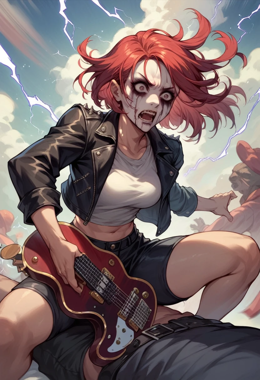 Black Metal girl, pale face, Black Metal make up, corpse paint face, red hair shoulder length, leather jacket, riding on a guitar in sky, electricity effects around her,  movement blur