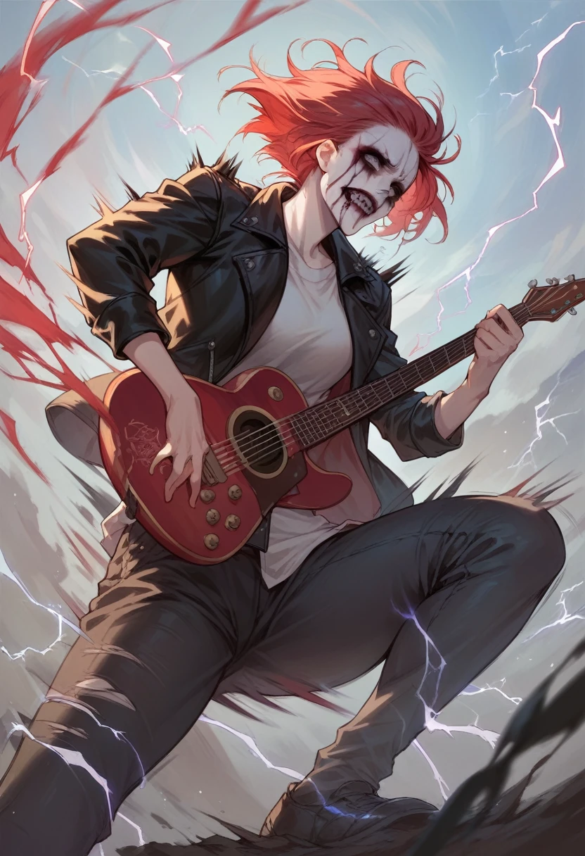 Black Metal girl, pale face, Black Metal make up, corpse paint face, red hair shoulder length, leather jacket, riding on a guitar in sky, electricity effects around her,  movement blur