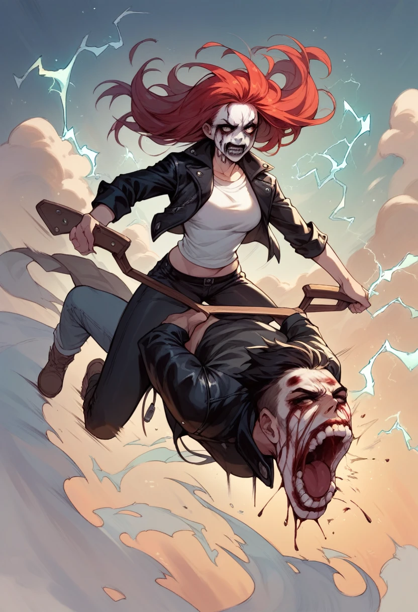 Black Metal girl, pale face, Black Metal make up, corpse paint face, red hair shoulder length, leather jacket, riding on a guitar in sky, electricity effects around her, movement blur