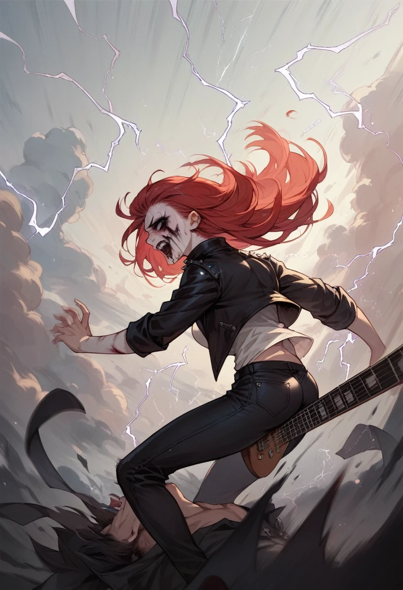 Black Metal girl, pale face, Black Metal make up, corpse paint face, red hair shoulder length, leather jacket, riding on a guitar in sky, electricity effects around her, movement blur