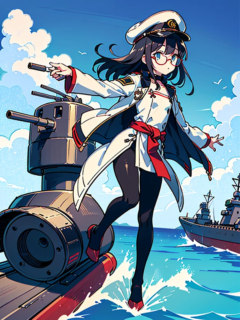 ((((Full body of a woman with perfect flat chest、Short unkempt black hair、white military jacket、Miko costume、tights、Black glasses、White military cap、Cloudy eyes、Sleepy expression)))), (((masterpiece))), (((Shipgirl))), ((Floating on the morning sea with both feet)), (Spread your legs wide open), (Hold the turret with your right hand), (Mechanical arms extending from the waist are used to equip the ship with battleship equipment.), (Equipped with a turret on the back), (Holds the turret with his left arm), Torpedo tubes strapped to thighs, Spreading the Machine&#39;s Wings, Machine tail,  shotgun, 
