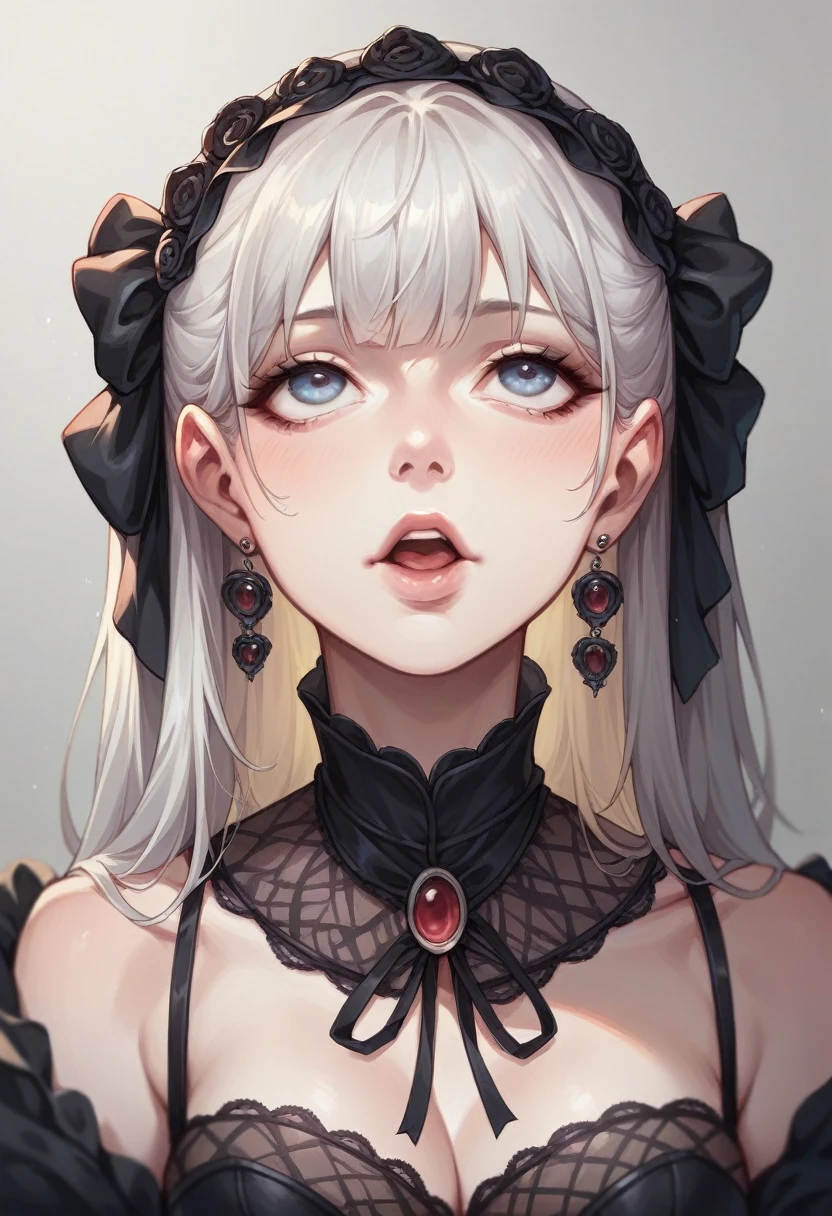 beautiful girl Black sheer lace Gothic Lolita Fashion Looking up Mouth half open