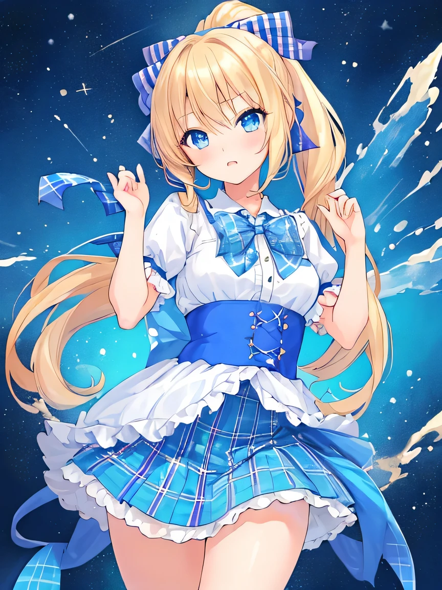 ((masterpiece)), ((best quality)), (ultra-detailed), ((kawaii)), cute, (lovely), illustration, anime style, full body, full body focus, a cute girl, solo, 1girl, Live performance venue, idol outfit, blond ponytail, big blue ribbon, tsundere, tight eyes, confident expression, a little bit gal, American girl, blue eyes, age15, Blonde hair, tied on one side of the head, hanging down loosely with a large blue ribbon at the knot. A faint stardust effect emanating from the hair. A tsundere personality with a confident and bold expression. Eyes like shining jewels, blue in color. Slightly gal-style, an American girl. (Tartan plaid ribbon:1.3), short sleeves, Fantasy-style background.