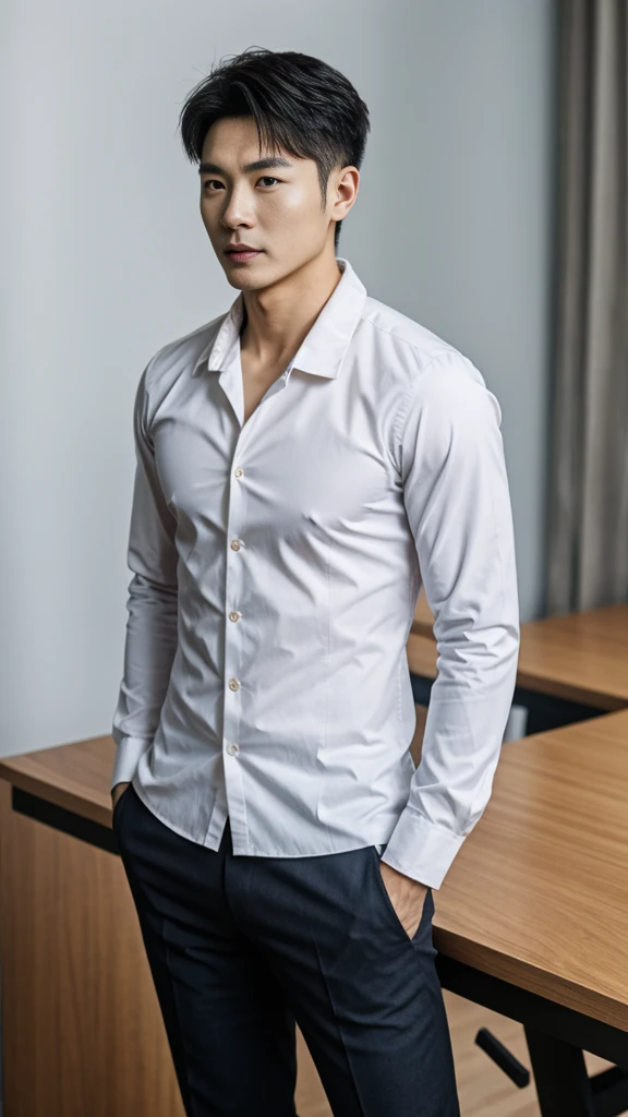A Korean man with short hair and handsome face features wearing long sleeved shirt, pants, and shoes standing in an office with masculine pose and fierce expression, facing straight to the camera, muscular build, detailed face, detailed clothes, detailed background
