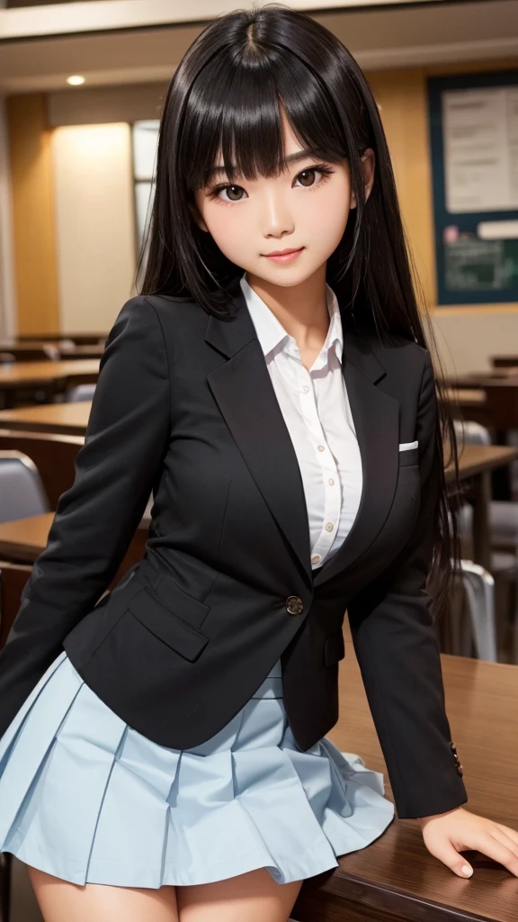 ((high quality)), ((Tabletop)), (Detailed face), (highlight),　Asian Girl、Big breasts、thigh、Black Hair、Heavy bangs、high school girl、skirt、blazer、