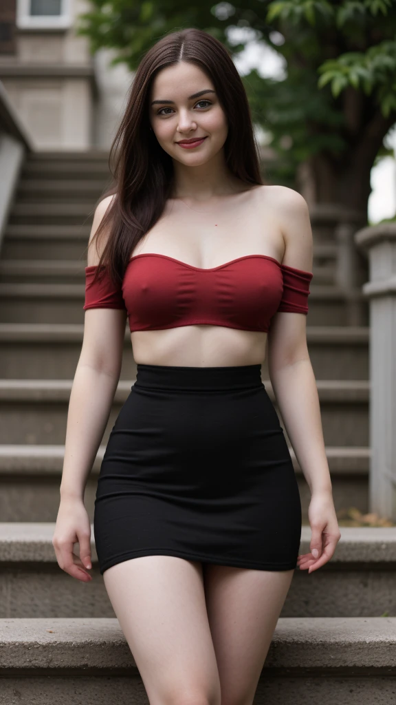 RAW photo, photo of overweight 35 year old woman, (long brunette hair), (tight skirt), (red off shoulder top), sitting on stairs, outdoors, pale white skin, thick thighs, freckles, blemishes, lipstick, ((short height, broad shoulders, ((wide hips and waist)), ((chubby:1.3)), flat chest, happy, smiling